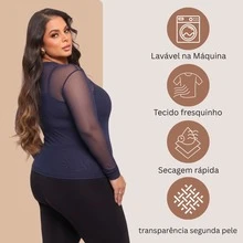 Women's Long-Sleeved Transparent Tulle Blouse - Versatile - Azul Marino - Ver 3