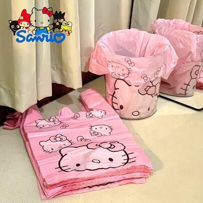 SANRIO 50 bolsas de basura multifuncionales de PET (autorizadas), adecuadas para salas de estar, dormitorios, baños y cocinas. El diseño de bolsa con chaleco rosa de dibujos animados se puede utilizar como regalo o bolsa de almacenamiento