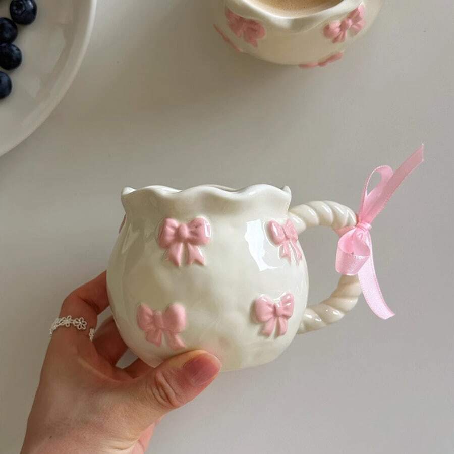 Cốc cà phê thắt nơ thủ công kiểu nữ tính, cốc sứ dùng cho trà chiều, cốc dễ thương.