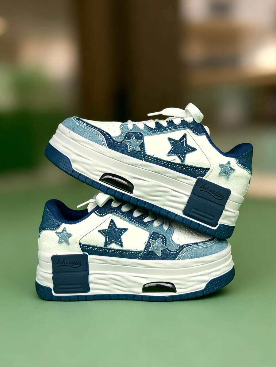 Women's Personalized Platform Thick Bottom Shoes, Solid Color Lightweight Durable Breathable Casual Shoes, Star Pattern Sports Shoes, European And American Fashion Simple Round Toe Non-Slip Increased Height Casual Walking Travel Vacation Flat Shoes, Blue, Suitable For All Seasons Sports Casual Lace-Up Loafers - 藍色 - 查看 1