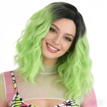 16inch Green Wig Dark Roots Ombre Green Wigs Short Curly Wavy Middle Part Wig Heat Resistant Synthetic Hair For Women Everyday Hairstyle Cosplay Party Halloween - Ombre - View 4