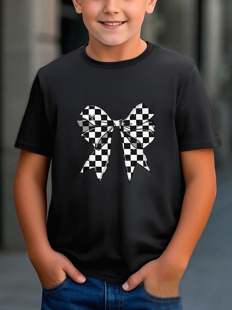 Lazo grande con patrón de cuadros blancos y negros que simboliza equilibrio y energía juvenil en cada movimiento Camiseta de niño 100% algodón suave y cómoda para uso diario - Negro - Añade 6