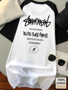 Áo thun tay ngắn raglan dáng lửng bằng cotton in chữ, kiểu dáng thời trang và thanh lịch màu đen trắng. - đen và trắng - Xem 4