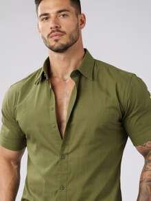 Conjunto Masculino Linho Camisa Shorts Liso - Verde Militar - Visão 5