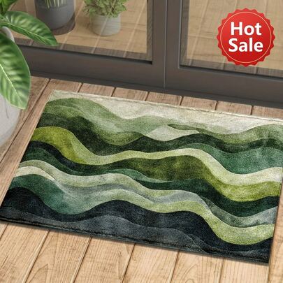 Thảm trải sàn họa tiết sóng trừu tượng – Thiết kế chuyển màu xanh lá cây, trọng lượng nặng 1100g/m², chất liệu giả cashmere siêu mềm mại, chống trơn trượt, sợi ngắn, thích hợp cho lối vào, phòng khách và trang trí nhà hiện đại | Dễ dàng vệ sinh & Bền bỉ
