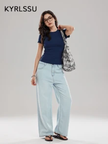 ZULIZ Áo thun nữ tay ngắn cổ tròn ôm sát KYRLSSU, kiểu dáng cơ bản, dáng ngắn. - Màu xanh hải quân - Xem 9