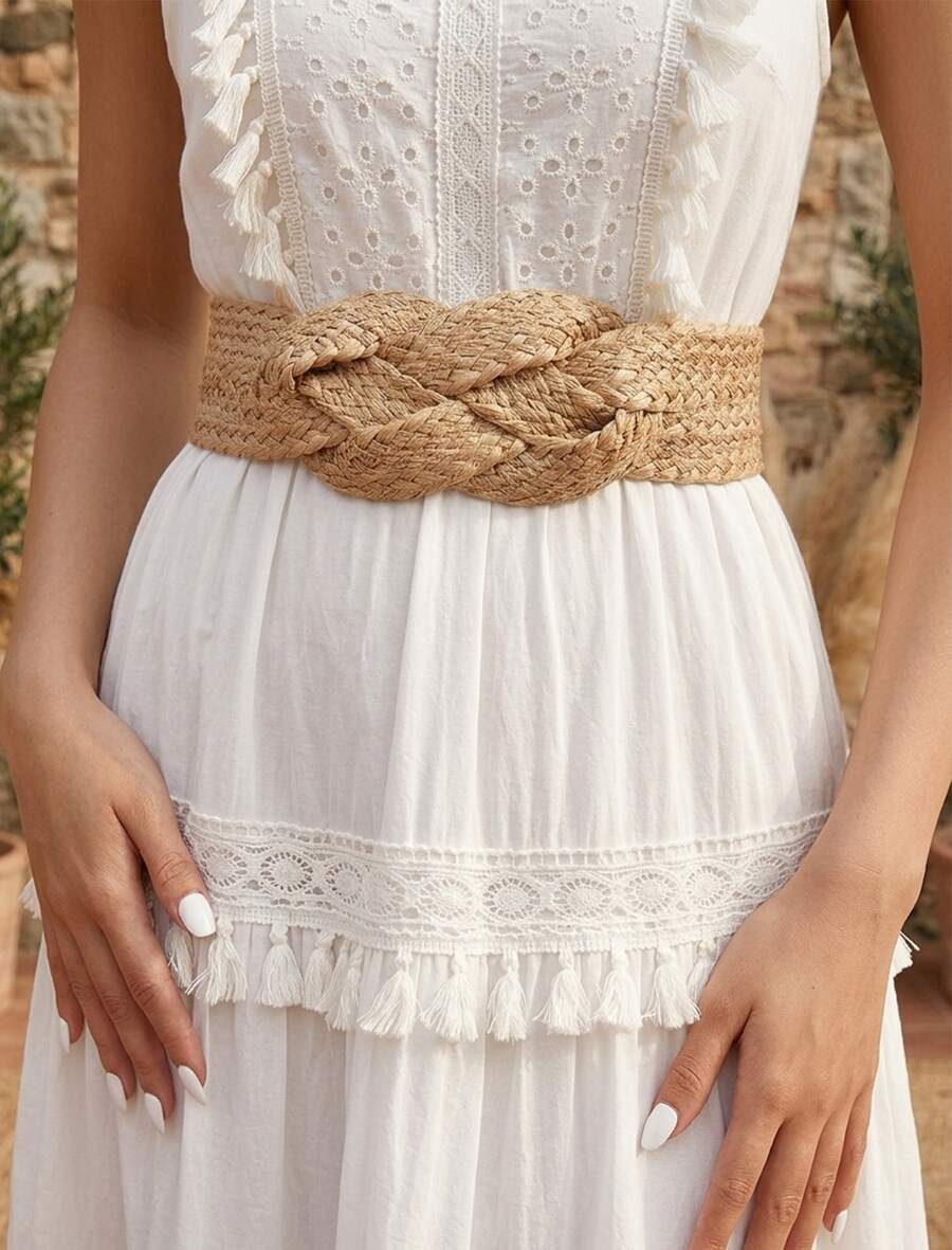 1pc Women Khaki Straw Woven Boho Belt Braided Wide Waist Belt Elastic Stretch Cinch Belt Western Retro Style Waistband Summer Beach Dress Accessory Hollow Out Handcrafted Design One Size Adjustable Vintage Boho Fashion Solid Color PP Material Retro Look Daily Wear Party Outfit Holiday Vacation Resort Wear Coastal Aesthetic Prairie Style Country Chic - VÒNG EO 26-33 IN - Xem 1