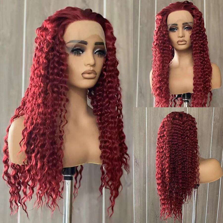 Tóc giả màu đỏ tía, kiểu sóng xoăn đậm, kích thước 13x4, chất liệu ren phía trước, dành cho nữ, làm từ sợi tổng hợp chịu nhiệt, thích hợp sử dụng hàng ngày với đường chân tóc tự nhiên. - Nhiều màu - Xem 1