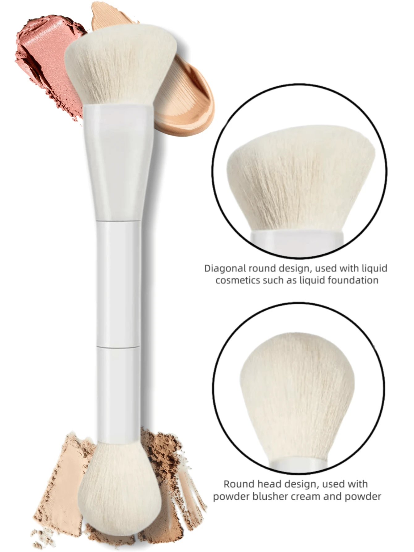 1 pieza Pincel de maquillaje portátil multifunción de doble extremo, cepillo de base, contorno, polvos y colorete, fabricado en tubo de aluminio lacado, unisex - Blanco - Ver 1