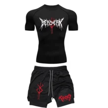 Kit Short Bermuda And Compression T-Shirt 2 In 1 Cotton  Guns Sacrifice Retro T-Shirt Streetwear Y2k Gothic Cyberpunk Anime Style Unisex - 黑色 - 查看 1