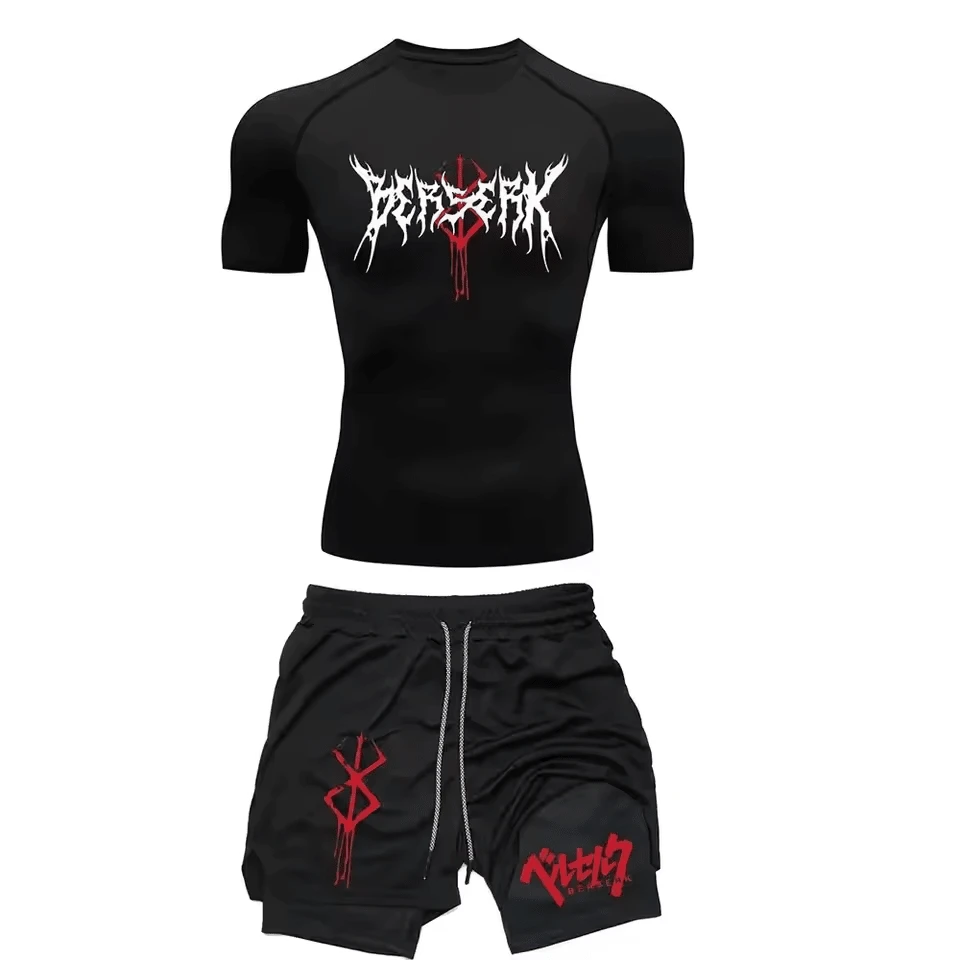Kit Short Bermuda And Compression T-Shirt 2 In 1 Cotton  Guns Sacrifice Retro T-Shirt Streetwear Y2k Gothic Cyberpunk Anime Style Unisex - 黑色 - 查看 1