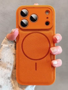 Luxury Lychee Texture Magnetic Matte Soft Lens Protective Phone Case Compatible With IPhone 17 Pro Max 12 13 14 15 16 Pro Max 15 14 13 12 17 Shockproof Wireless Charging Cover Shell - Orange - View 7
