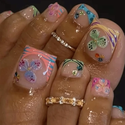 24pcs French Tip Press On Toenails Short Square Press On Toenails Colorful 3D Flower Decoration Rhinestone Design Fashion Y2K Style Surface Glossy Full Cover Fake Nails For Women And Girls Daily Wear