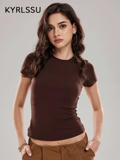 ZULIZ Camiseta de manga corta ajustada de cuello redondo para mujer KYRLSSU, top corto de ajuste ceñido básico