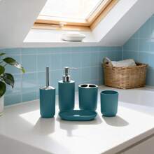 5pcs Minimalist Bathroom Accessory Set / Matte Green Countertop Storage / Toilet Brush + Soap Dispenser + Rinse Cup + Toothbrush Holder + Soap Dish - Dark Green - View 1