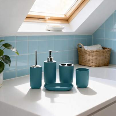 5 Stücke minimalistisches Badezimmer Accessoire Set / Mattgrüne Ablage für die Arbeitsplatte / Toilettenbürste + Seifenspender + Spülbecher + Zahnbürstenhalter + Seifenschale