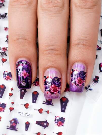 3pcs Embossed Mysterious Butterfly Skull Nail Art Stickers, Red Heart & Rose Nail Sliders, Shiny Gloss Effect, Asymmetrical Shape, Suitable For Women's Manicure, Pedicure, Holiday Decoration