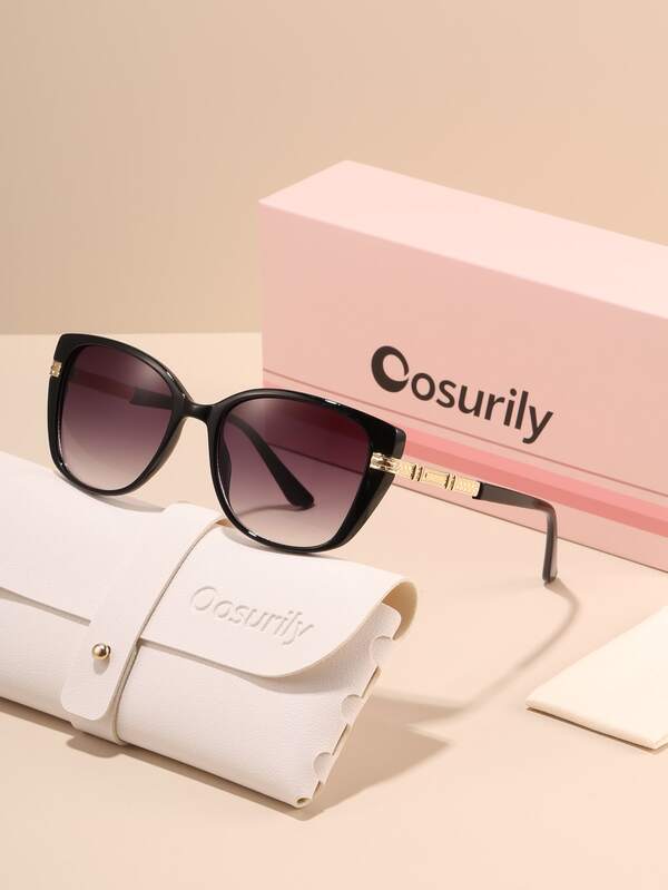 Oosurily 1pc Women's Y2K Cat Eye Large Frame Gradient Color Temple Design Fashion Decorative , Women's Fashion Glasses With Storage And Cleaning Cloth, Basic Style Suitable For Spring/Summer, Essential For Beach, Sun Protection, Daily Life, Mother's Day Gift