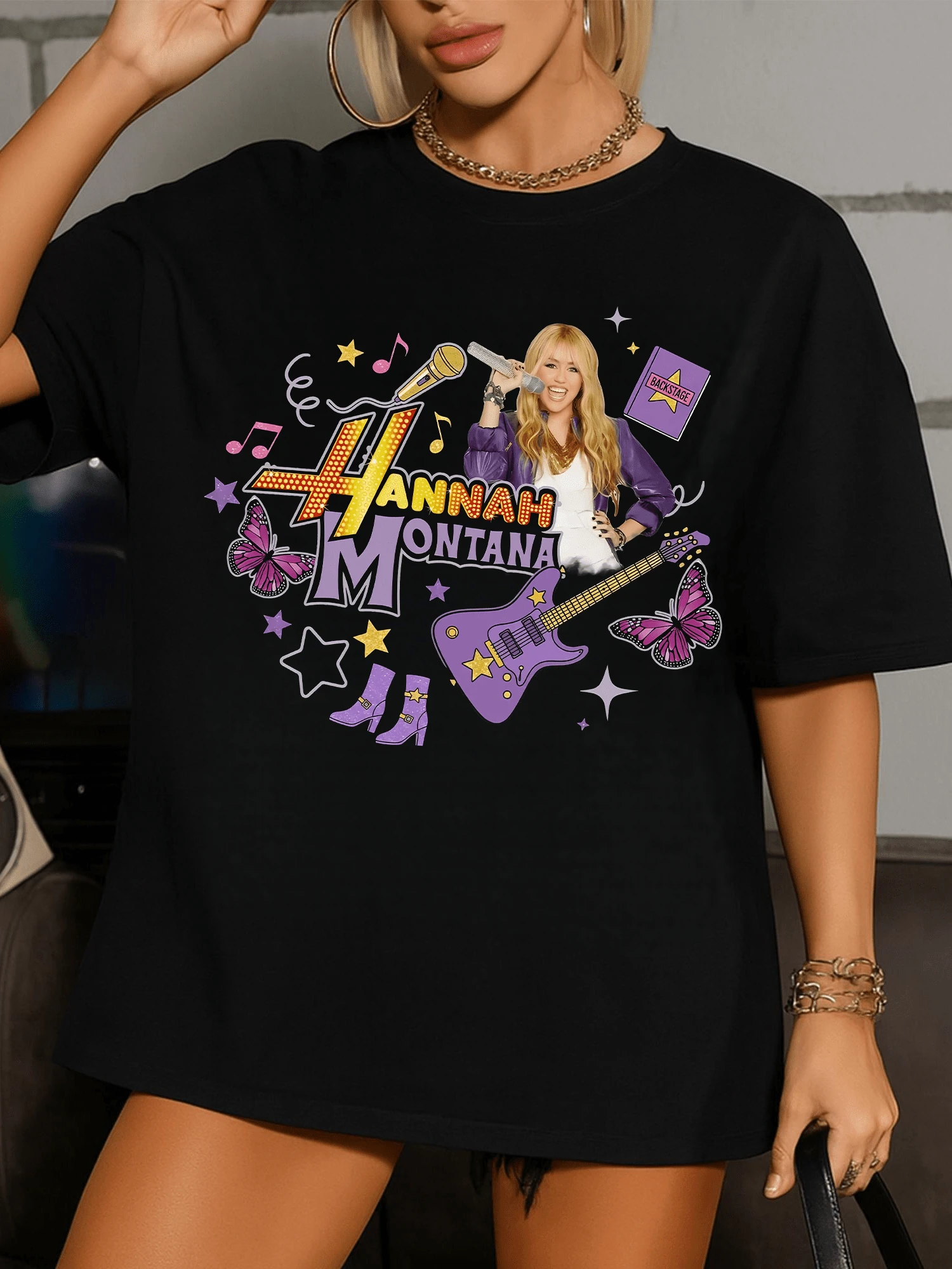Channel HannahS MontanaS Music Logo Tee, Girl Trip Outfit, The Other Side Of Me - Black - View 1