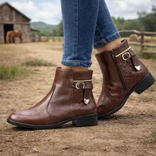 Women's Comfortable Winter Boot With Zipper, Short To Medium Shaft, Ankle Boot With Zipper, Exclusive Blogger Style, Low Shaft, Small Heel, Women's Ankle Boot For Cold Weather, June Festival - 鏽棕色 - 查看 5