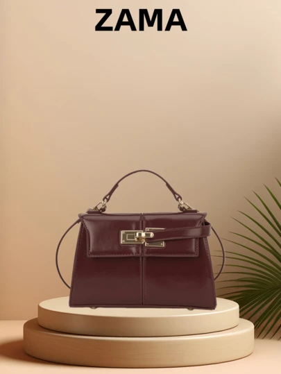 1 pieza de bolso de mano mini estructurado de color vino tinto para mujer hecho de piel de PU, un elegante bolso de mano y bandolera adornado con un candado de tono dorado y una correa para el hombro desmontable. Adecuado para banquetes, el lugar de trabajo y el uso diario, así como para bodas y fiestas, es un exquisito y elegante bolso de hombro.