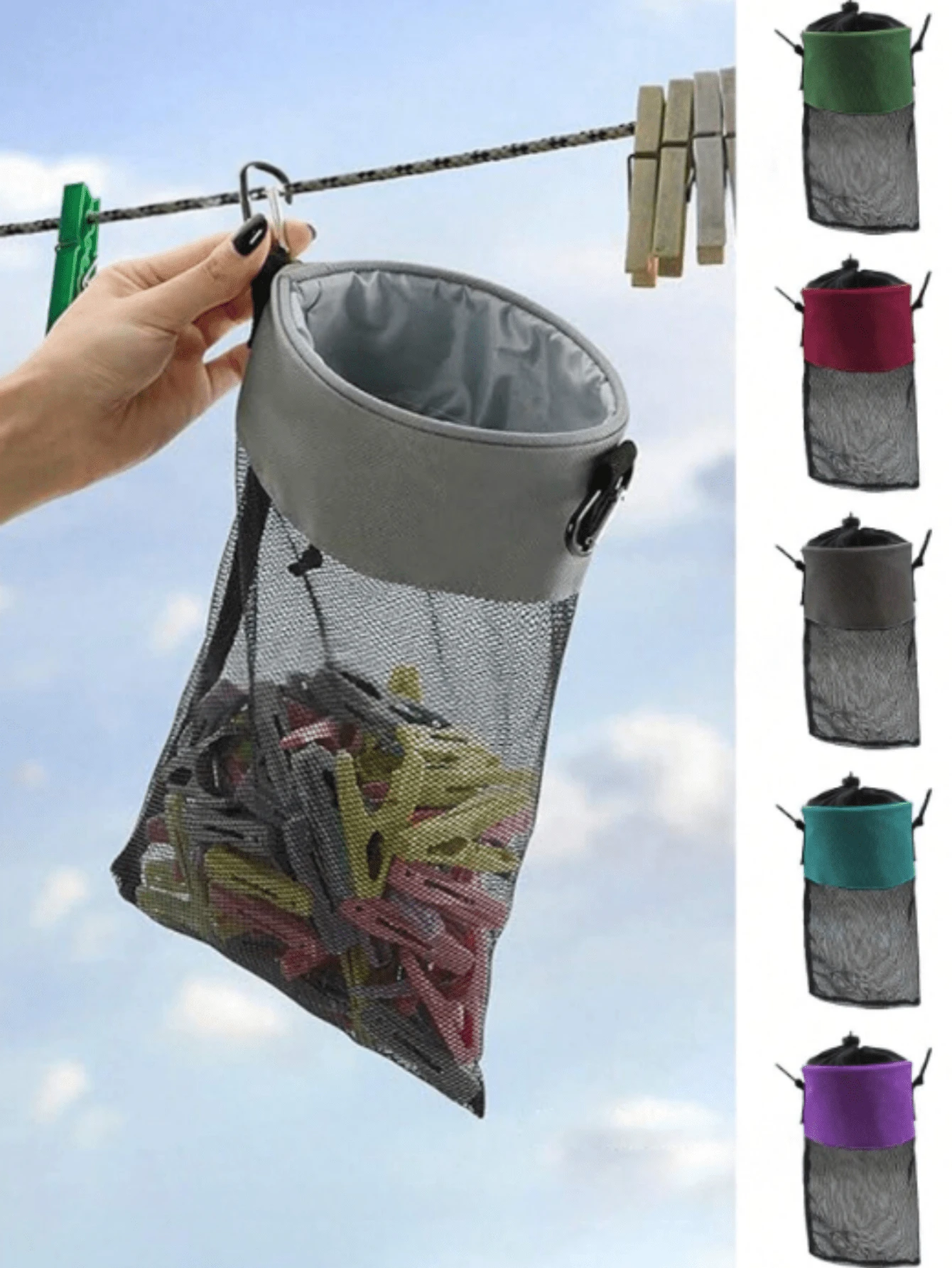 1 túi lưới đựng đồ có dây rút, kèm kẹp phơi quần áo, dung tích lớn, có thể sắp xếp gọn gàng, kèm theo kẹp quần áo bằng gỗ (màu ngẫu nhiên) - Nhiều màu - Xem 1