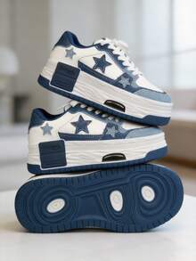 Women's Personalized Platform Thick Bottom Shoes, Solid Color Lightweight Durable Breathable Casual Shoes, Star Pattern Sports Shoes, European And American Fashion Simple Round Toe Non-Slip Increased Height Casual Walking Travel Vacation Flat Shoes, Blue, Suitable For All Seasons Sports Casual Lace-Up Loafers - 藍色 - 查看 5