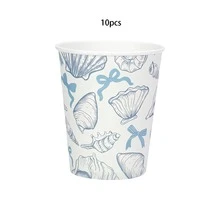 10个/30个/50个装 蝴蝶结海洋纸杯 蓝色蝴蝶结 海星 贝壳 一次性纸杯 适用于冷热饮品 夏季海底主题派对餐桌用品，9盎司 - 查看 9