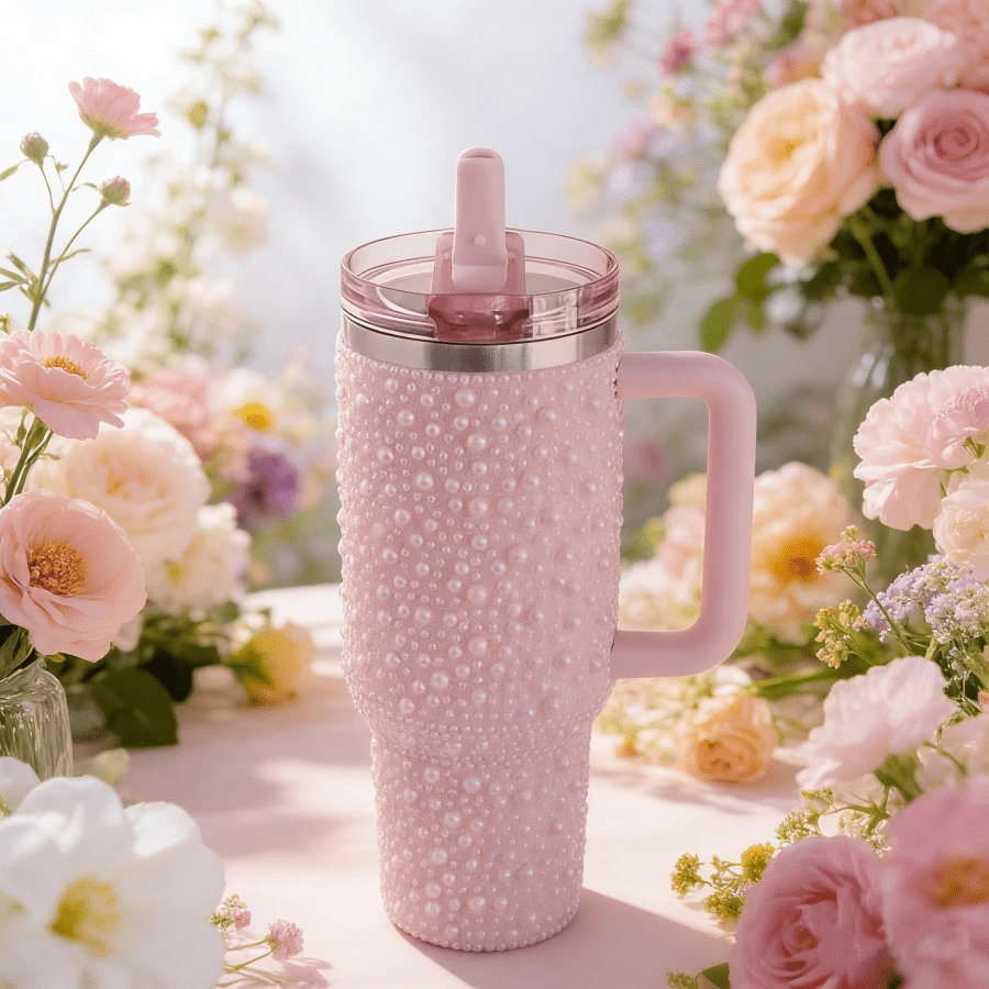 40oz Stainless Steel Tumbler With Handle For Home & Office - Insulated Double Wall Mug, Keeps Coffee Hot & Iced Tea Cold All Day, Leakproof Lid - 淺粉色 - 查看 1