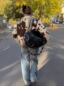 Women's Retro American Street Style Contrast Color Denim Print Loose Fit Cropped Jacket, Stylish Design Vacation Spring - Brownish White - View 2
