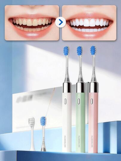 SKYWORTH Cepillo de dientes eléctrico, frecuencia de vibración suave para las encías de 34,800 RPM, oscilación sónica para una limpieza profunda de los dientes, carga rápida tipo C para un uso conveniente, 2 cabezales de cepillo de repuesto para reemplazo diario