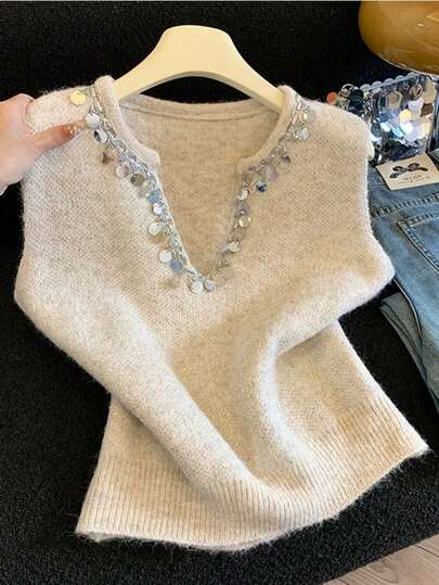 Áo mùa hè, Trang phục mùa hè cho nữ, Áo tank top tay ngắn cổ chữ V màu trơn thời trang, thanh lịch, đa năng với viền lấp lánh dành cho nữ.