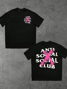 100% Pure Cotton Printed T-Shirt  X Logo Streetwear Graffiti Style Fashion Statement  Design S To 3XL Short-Sleeved Round Neck Casual Top Suitable For All Seasons Men's Wear - 黑色 - 查看 1