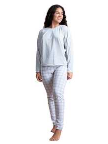 Women's Plaid Pajama Set With Long-Sleeved Top And Long Pants. - Xám - Xem 9