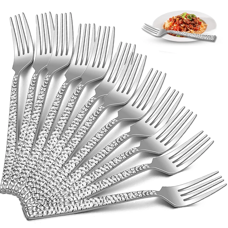 4/8/12件套时尚锤纹餐叉，优质不锈钢餐叉，沙拉叉，适用于面包/意大利面/牛肉，家用/餐厅配件，镜面抛光，可用洗碗机清洗。 - 銀色 - 查看 1