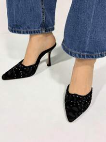 Black Sandals For Women Summer Women's Leopard Print Patchwork Stiletto Mules Pointed Toe Studded Slip-On High Heels Western Style Party Dress Shoes - 黑色 - 查看 5