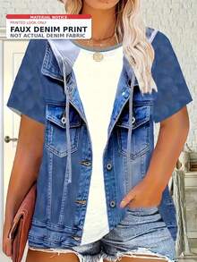 Áo thun ngắn tay nữ cỡ lớn chất liệu denim tổng hợp [Họa tiết denim/Họa tiết denim tổng hợp] Thanh lịch, phong cách thường ngày, thích hợp cho kỳ nghỉ - Màu xanh lam - Xem 2