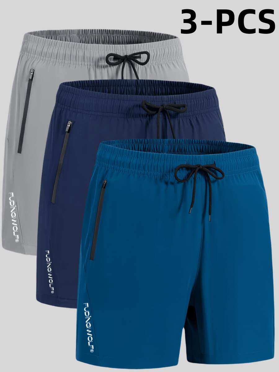 男士夏季速干抽绳腰带短裤三件套，带拉链口袋，透气冰凉运动短裤，适合户外、休闲、健身、跑步 - 彩色 - 查看 1