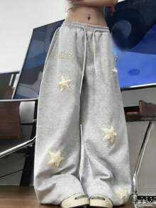 Vintage American Star Embroidery Casual Sweatpants, Women Straight Leg Wide Leg Pants Spring - Grey - View 2
