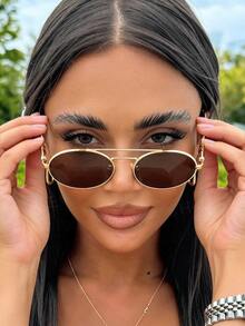 1pc Retro Metal Double-Bridge Oval Small Frame Fashion Glasses, Versatile Fashionable Street Style Eyewear - Brown - View 1