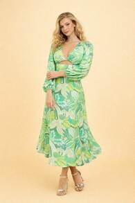 Women's Printed Maxi Dress With Deep Neckline, Underbust Cutout, Long Puff Sleeves And High Waist – Elegant Dress For Holidays, Dates, Dinner And Garden Parties - 青檸色 - 查看 5