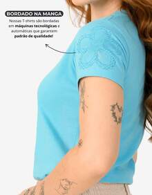 Women's Cotton T-Shirt With Embroidered Flowers On The Sleeves - màu xanh nhạt - Xem 2