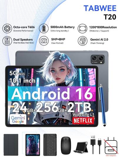 TABWEE 2025 最新款 Android 16 平板电脑，10.1 英寸 Incell 显示屏，（8GB+16GB 可扩展）GB 内存，256GB ROM/2TB TF 卡，Gemini AI，T606 八核处理器 + 8MP 摄像头，5000mAh 电池，支持 Widevine L1，二合一平板电脑，配备键盘、鼠标和手写笔（不含适配器）