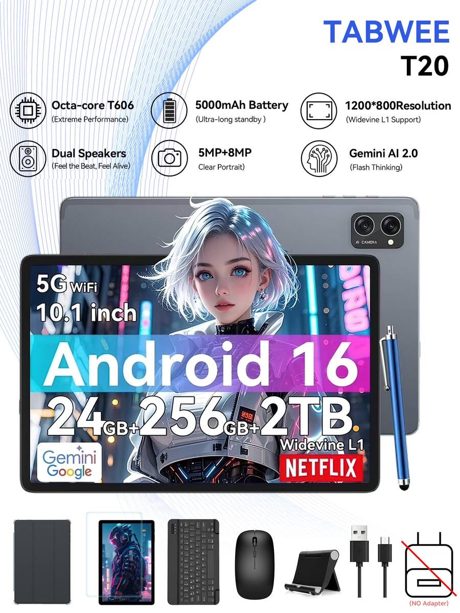 TABWEE 2025 Latest Android 16 Tablet PC, 10.1-Inch Incell Display, (8GB+16GB Expandable) GB RAM, 256GB ROM/2TB TF Card, Gemini AI, T606 Octa-Core Processor + 8MP Camera, 5000mAh Battery, Widevine L1 Support, 2-In-1 Tablet With Keyboard, Mouse And Stylus (Adapter Not Included)