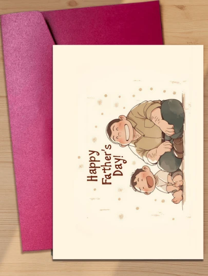 Happy Father's Day! Warm Vintage Cartoon Father And Son Laughing Greeting Card, Soft Beige Background With Brown Lines, Appreciation Card For Dad, Stepfather, Adoptive Father, 4.3" X 6.3" (1 Card + 1 Envelope)