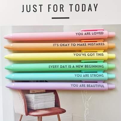 6pcs/2pcs/1pc Set Of Inspirational Motivational Pens - Retractable Happy Positive Energy Pens With Black Ink, Easy-Grip Pen Holder, Rubber Pen Body Ballpoint Pens - Colorful Cute Design, Suitable For Journaling, Writing, Back To School Essential/Soft Tone Pens Aimed To Inspire And Motivate - Retractable Design, Featuring Cheerful Patterns, Black Ink, Clip-On Pen Clip, Perfect For Diary And Writing Needs