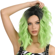 16inch Green Wig Dark Roots Ombre Green Wigs Short Curly Wavy Middle Part Wig Heat Resistant Synthetic Hair For Women Everyday Hairstyle Cosplay Party Halloween - Ombre - View 11