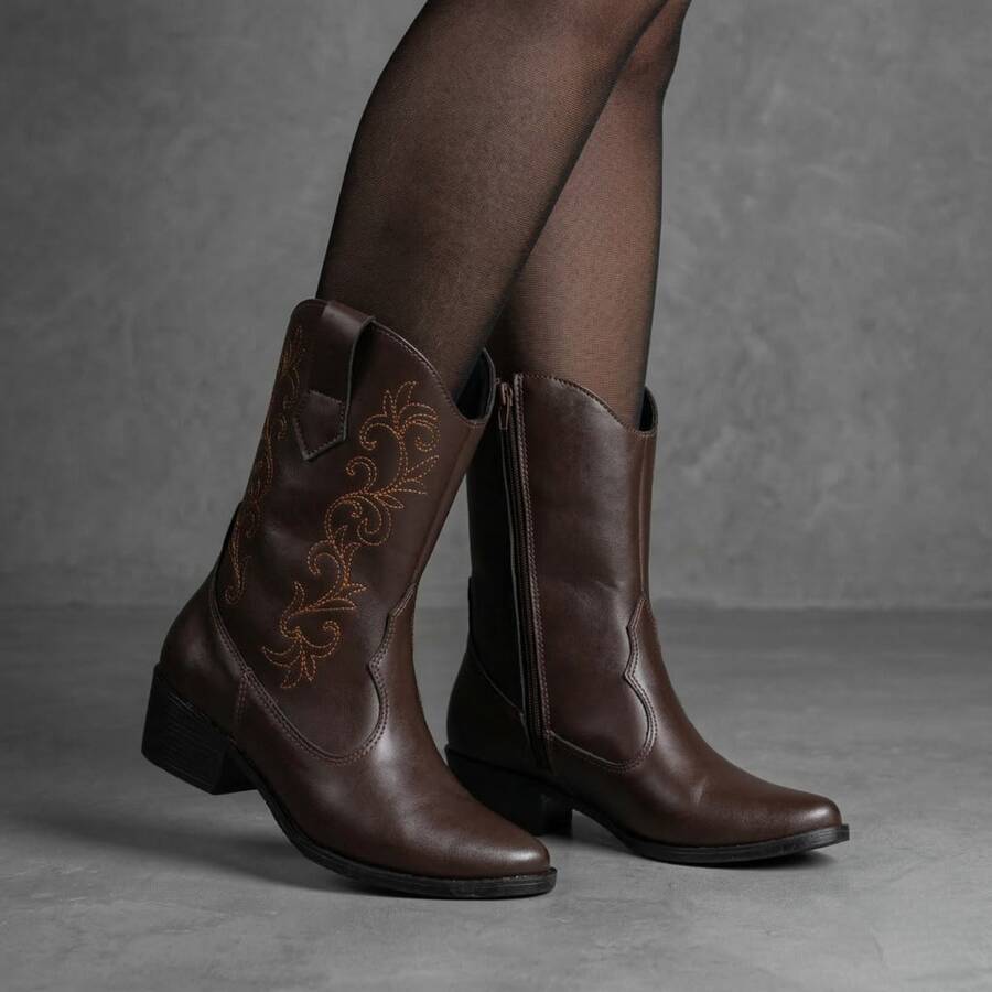 Women's Western Country Style Cowboy Boots, Mid-Calf, Embroidered Detail, Medium Heel, Winter New Arrivals - Màu nâu Sô-cô-la - Xem 1
