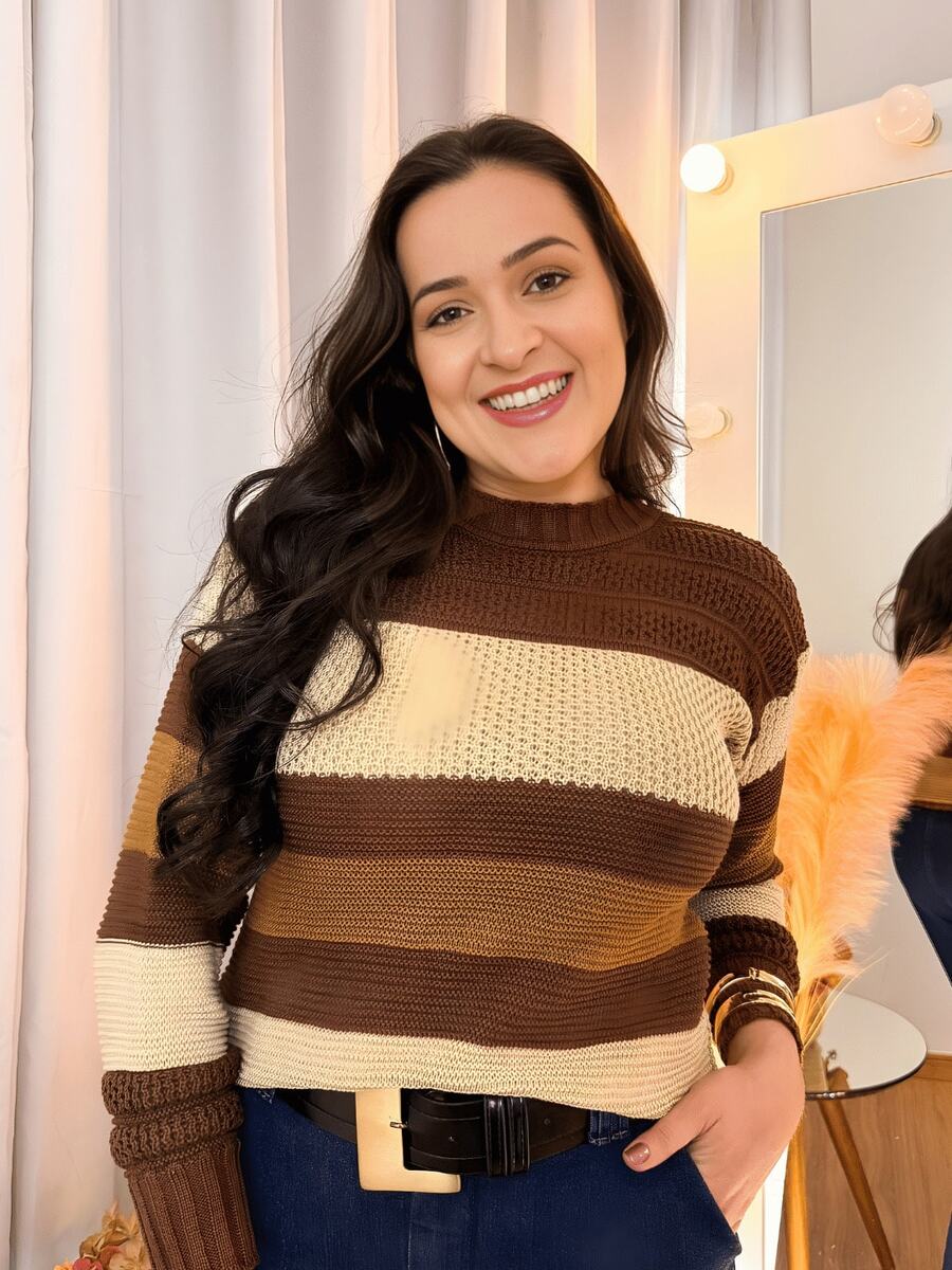 Women's Basic Striped Knit Sweater, Long Sleeve, Comfortable, Soft, Casual, Elegant, Woolen Winter Sweater - Rust Brown - View 1