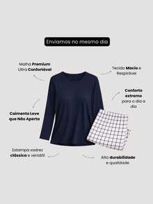 Women's Plaid Pajama Set With Long-Sleeved Top And Long Pants. - Xám - Xem 6